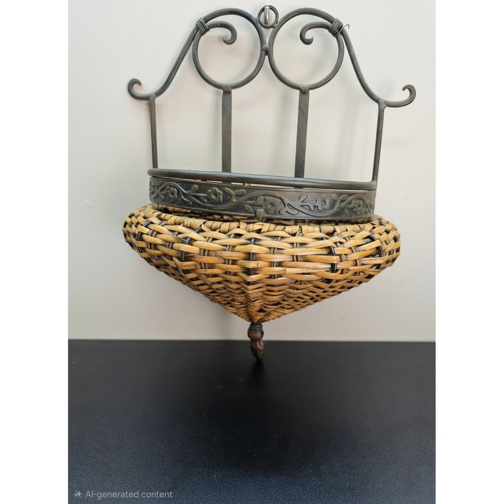 Vintage Wrought Iron and Woven Wicker Wall Hanging Planter Basket Scrollwork